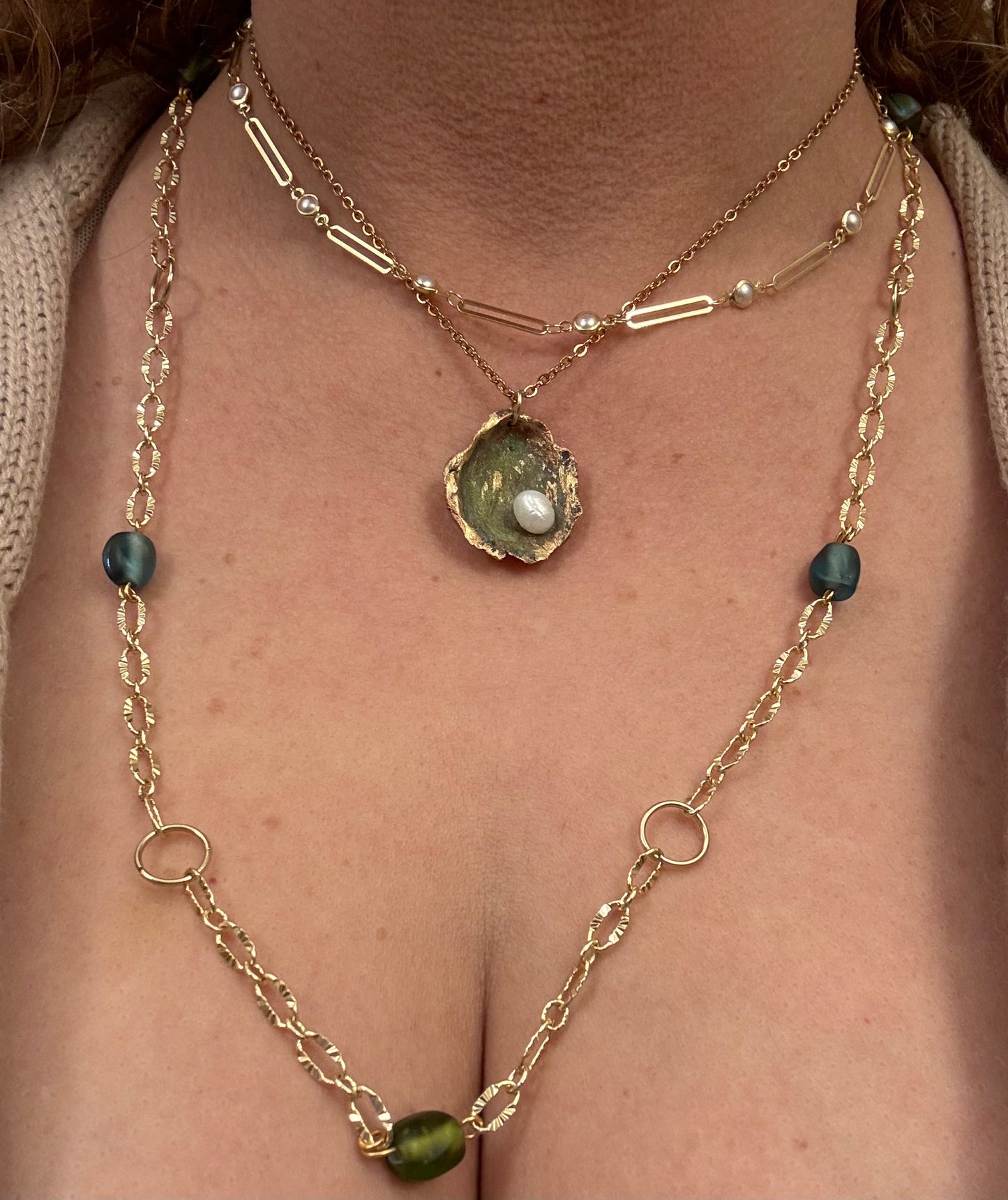 18kt Gold Plated Oyster Pendant Layered Necklace 2 Piece Set Without Earrings